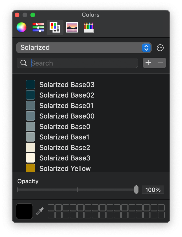 A screenshot of the solarized color palette imported into the Mac color picker