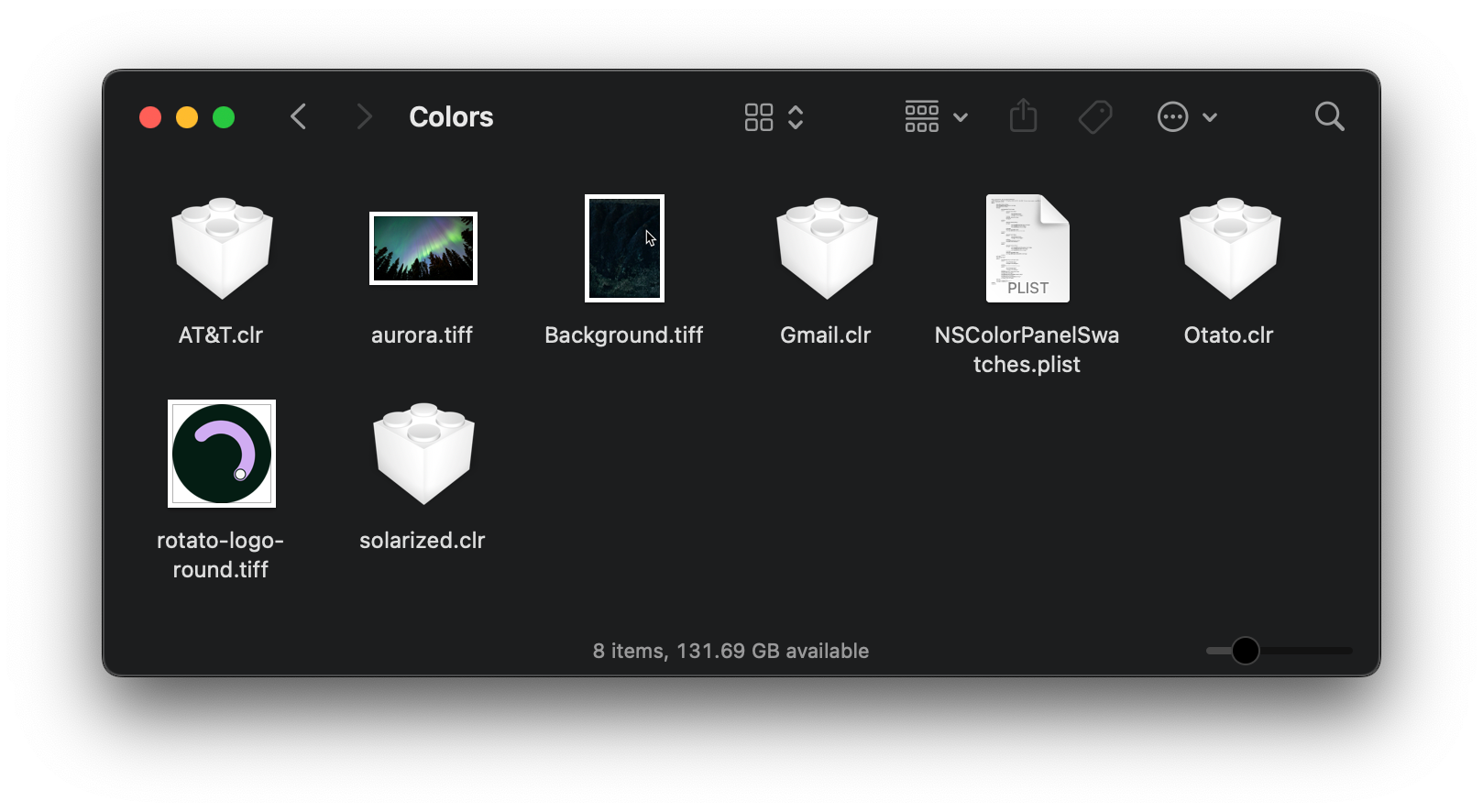 A screenshot of Finder showing the Colors folder in the Library