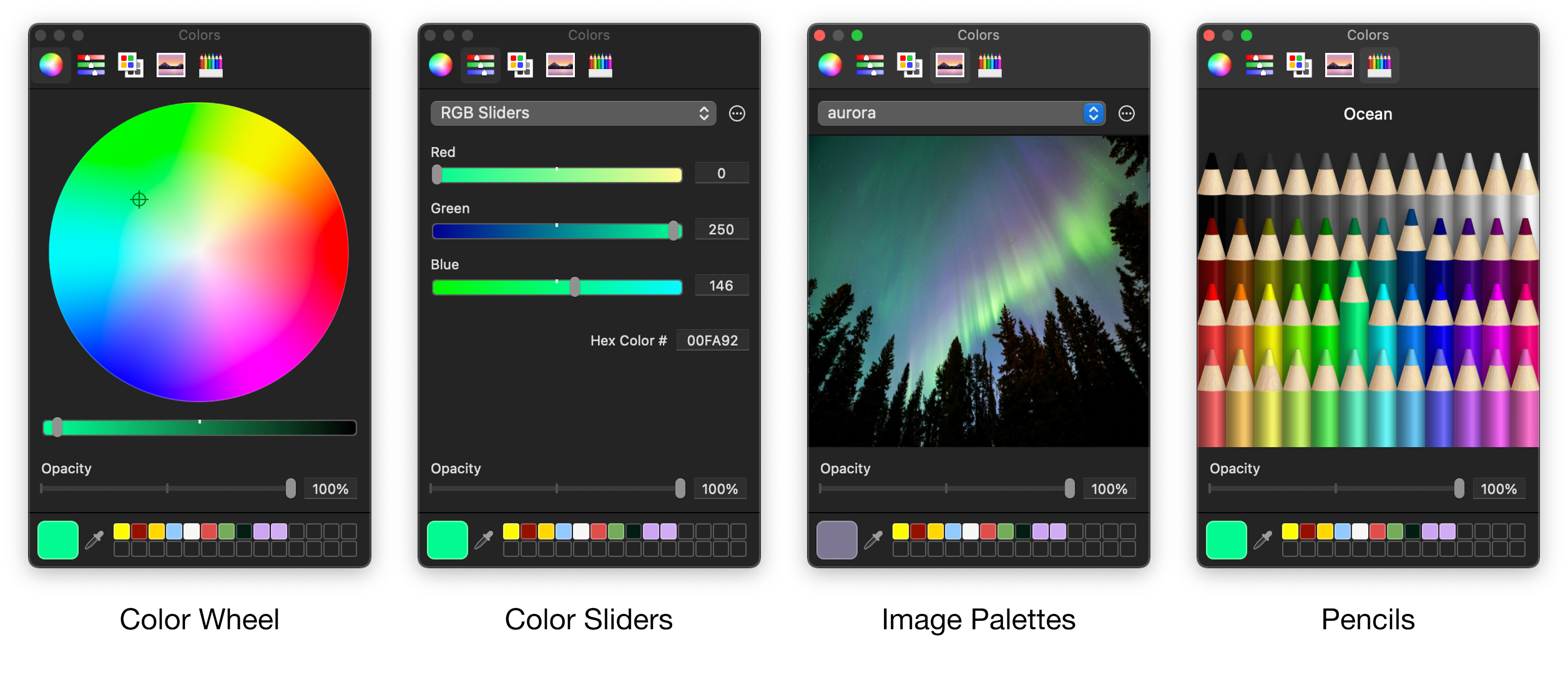 The four tabs in the Mac color picker: Color Wheel, Color Sliders, Image Palettes, and Pencils